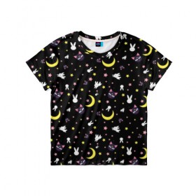 Детская футболка 3D с принтом Sailor Moon Pattern в Курске, 100% гипоаллергенный полиэфир | прямой крой, круглый вырез горловины, длина до линии бедер, чуть спущенное плечо, ткань немного тянется | Тематика изображения на принте: аниме | детский | зайчик | зая | звезды | кролик | луна в матроске | матросска | месяц | милота | милый | небо | паттерн | сейлор мун | черный