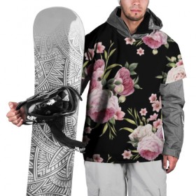 Накидка на куртку 3D с принтом Пионы на Чёрном в Курске, 100% полиэстер |  | букет | бутон | весна | красивый | лето | листья | пион | прекрасный | роза | розочка | цветок | цветы