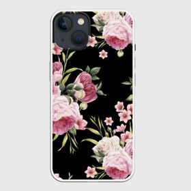 Чехол для iPhone 13 с принтом Пионы на Чёрном в Курске,  |  | Тематика изображения на принте: букет | бутон | весна | красивый | лето | листья | пион | прекрасный | роза | розочка | цветок | цветы