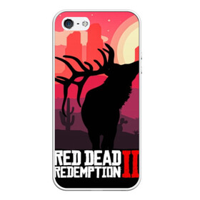 Чехол для iPhone 5/5S матовый с принтом RDR II в Курске, Силикон | Область печати: задняя сторона чехла, без боковых панелей | Тематика изображения на принте: gta | rdr 2 | red dead redemption 2 | west | дикий запад | добыча | закат солнца | игра | кактусы | каньон | квест | легендарный олень в rdr 2 | новинки игр | рога оленя