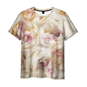 Мужская футболка 3D с принтом Нежные Пионы в Курске, 100% полиэфир | прямой крой, круглый вырез горловины, длина до линии бедер | Тематика изображения на принте: букет | красивый | милый | пион | роза | розовый | розочка | свадебный | флористика | цветок | цветы