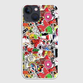 Чехол для iPhone 13 mini с принтом Sticker Bombing в Курске,  |  | supreme | бантик | газировка | деньги | диски | кола | кости | кубик рубика | мода | молодежный | музыка | мульт | наклейка | остороно | пончики | стикер | суприм | тренд | уточка | хаос | череп