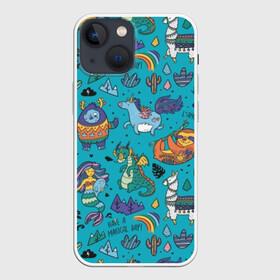 Чехол для iPhone 13 mini с принтом Have a magical day в Курске,  |  | Тематика изображения на принте: animals | cat | day | dragons | evil | fashion | funny | green | lama | mountains | rainbow | style | весёлые | вода | волны | волшебный | горы | графика | драконы | единорог | зубы | иллюстрация | картинка | ле | мода | морской | надпись | облака