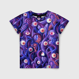 Детская футболка 3D с принтом Щупальца с глазами в Курске, 100% гипоаллергенный полиэфир | прямой крой, круглый вырез горловины, длина до линии бедер, чуть спущенное плечо, ткань немного тянется | aliens | backgro | blue | cartoons | children | eyes | fashion | funny | monsters | purple | scary | style | весёлые | глаза | графика | детский | иллюстрация | инопланетяне | картинка | красные | мода | орнамент | персонажи | пришельцы | рисунок
