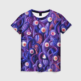Женская футболка 3D с принтом Щупальца с глазами в Курске, 100% полиэфир ( синтетическое хлопкоподобное полотно) | прямой крой, круглый вырез горловины, длина до линии бедер | aliens | backgro | blue | cartoons | children | eyes | fashion | funny | monsters | purple | scary | style | весёлые | глаза | графика | детский | иллюстрация | инопланетяне | картинка | красные | мода | орнамент | персонажи | пришельцы | рисунок