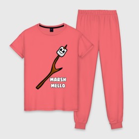 Женская пижама хлопок с принтом Marshmello 2 в Курске, 100% хлопок | брюки и футболка прямого кроя, без карманов, на брюках мягкая резинка на поясе и по низу штанин | 