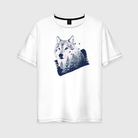 Женская футболка хлопок Oversize с принтом Волк Абстракция в Курске, 100% хлопок | свободный крой, круглый ворот, спущенный рукав, длина до линии бедер
 | abstraction | wolf | абстракция | волк | волки | лес | птицы