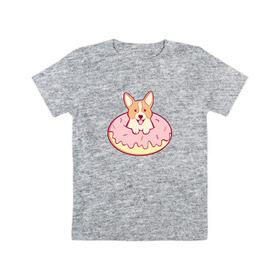 Детская футболка хлопок с принтом Корги Пончик в Курске, 100% хлопок | круглый вырез горловины, полуприлегающий силуэт, длина до линии бедер | dog | donut | kawaii | вкусняшка | выпечка | еда | лапочка | милый | мимими | пес | песик | сладкий | собака | щенок