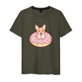 Мужская футболка хлопок с принтом Корги Пончик в Курске, 100% хлопок | прямой крой, круглый вырез горловины, длина до линии бедер, слегка спущенное плечо. | Тематика изображения на принте: dog | donut | kawaii | вкусняшка | выпечка | еда | лапочка | милый | мимими | пес | песик | сладкий | собака | щенок