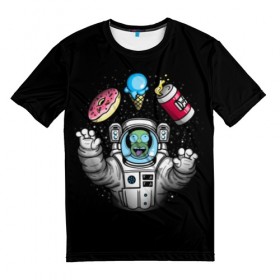 Мужская футболка 3D с принтом Гомер в космосе в Курске, 100% полиэфир | прямой крой, круглый вырез горловины, длина до линии бедер | Тематика изображения на принте: bart | homer | lisa | simpsons | space | барт | гомер | космос | пончик | симпсоны