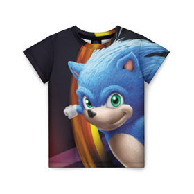 Детская футболка 3D с принтом Sonic в Курске, 100% гипоаллергенный полиэфир | прямой крой, круглый вырез горловины, длина до линии бедер, чуть спущенное плечо, ткань немного тянется | blue | hedgehog | movie | sonic | ёжик | синий | соник | фильм