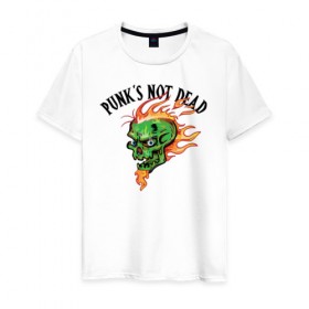 Мужская футболка хлопок с принтом Punk`s not dead в Курске, 100% хлопок | прямой крой, круглый вырез горловины, длина до линии бедер, слегка спущенное плечо. | beard | cool | creative | death | design | eyes | fire | flame | green | hype | music | punk | skull | vanguard | авангард | борода | глаза | дизайн | зеленый | креатив | круто | музыка | огонь | панк | пламя | хайп | череп