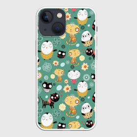 Чехол для iPhone 13 mini с принтом Совы и котики в Курске,  |  | детский | животные | кот | котенок | котики | кошки | малыши | милые | пингвин | ромашки | совенок | совы | узоры | цветочки