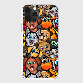 Чехол для iPhone 12 Pro с принтом Веселые собаки в Курске, силикон | область печати: задняя сторона чехла, без боковых панелей | Тематика изображения на принте: бульдог | голубые глаза | доберман | животные | жирафы | котики | милые | олени | разноцветные | собаки | хаски | яркие