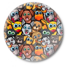 Значок с принтом Веселые собаки в Курске,  металл | круглая форма, металлическая застежка в виде булавки | бульдог | голубые глаза | доберман | животные | жирафы | котики | милые | олени | разноцветные | собаки | хаски | яркие