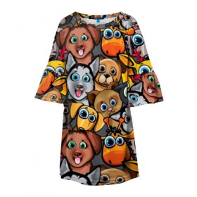 Детское платье 3D с принтом Веселые собаки в Курске, 100% полиэстер | прямой силуэт, чуть расширенный к низу. Круглая горловина, на рукавах — воланы | бульдог | голубые глаза | доберман | животные | жирафы | котики | милые | олени | разноцветные | собаки | хаски | яркие