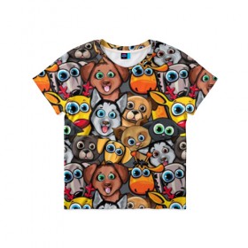Детская футболка 3D с принтом Веселые собаки в Курске, 100% гипоаллергенный полиэфир | прямой крой, круглый вырез горловины, длина до линии бедер, чуть спущенное плечо, ткань немного тянется | бульдог | голубые глаза | доберман | животные | жирафы | котики | милые | олени | разноцветные | собаки | хаски | яркие