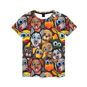 Женская футболка 3D с принтом Веселые собаки в Курске, 100% полиэфир ( синтетическое хлопкоподобное полотно) | прямой крой, круглый вырез горловины, длина до линии бедер | бульдог | голубые глаза | доберман | животные | жирафы | котики | милые | олени | разноцветные | собаки | хаски | яркие