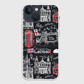 Чехол для iPhone 13 mini с принтом Лондон в Курске,  |  | Тематика изображения на принте: butterfly | car | england | fashion | london | queen | style | taxi | tree | uk | англия | бабочка | башня | великобритания | галстук | город | графика | дерево | дизайн | дождь | картинка | королева | лондон | машина | мода | надпись