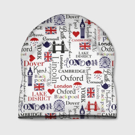 Шапка 3D с принтом Лондон  в Курске, 100% полиэстер | универсальный размер, печать по всей поверхности изделия | cambridge | england | fashion | london | style | tea | uk | umbr | англия | башня | белый | великобритания | город | графика | дизайн | дождь | зонт | картинка | кембридж | колесо | красный | лондон | мода | мост | надпись