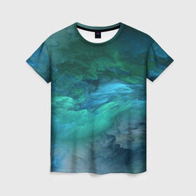 Женская футболка 3D с принтом Изумрудные Облака в Курске, 100% полиэфир ( синтетическое хлопкоподобное полотно) | прямой крой, круглый вырез горловины, длина до линии бедер | abstraction | абстракция | голубые | живопись | искусство | космос | краска | краски | облако | пар | природа | смешение красок | созвездие | стихия | туман | туманность