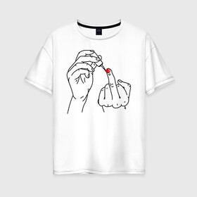 Женская футболка хлопок Oversize с принтом Девушка красит ногти в Курске, 100% хлопок | свободный крой, круглый ворот, спущенный рукав, длина до линии бедер
 | жест | контур | лак | линии | маникюр | ноготь | отвали | палец | рука