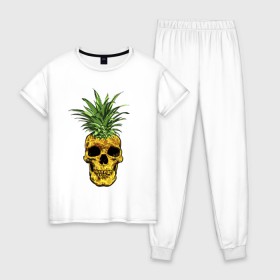 Женская пижама хлопок с принтом Ананас в Курске, 100% хлопок | брюки и футболка прямого кроя, без карманов, на брюках мягкая резинка на поясе и по низу штанин | cool | creative | design | fruit | green | hype | new york | pineapple | skull | summer | supreme | vanguard | vegan | авангард | ананас | дизайн | зеленый | креатив | круто | лето | фрукт | хайп | череп