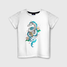 Детская футболка хлопок с принтом Дракон Хаку в цветах в Курске, 100% хлопок | круглый вырез горловины, полуприлегающий силуэт, длина до линии бедер | аниме | безликий | сэн и таинственное исчезновение тихиро | унесённые призраками | хаку | хаяо миядзаки
