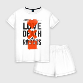 Женская пижама с шортиками хлопок с принтом LOVE DEATH + ROBOTS в Курске, 100% хлопок | футболка прямого кроя, шорты свободные с широкой мягкой резинкой | death | love death + robots | netflix | robots | любовь | нетфликс | роботы | сериал
