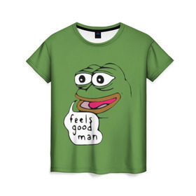 Женская футболка 3D с принтом Feels Good Man в Курске, 100% полиэфир ( синтетическое хлопкоподобное полотно) | прямой крой, круглый вырез горловины, длина до линии бедер | pepe | pepe frog | зеленая лягушка | лягушка | пепе