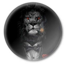 Значок с принтом Лев в смокинге в Курске,  металл | круглая форма, металлическая застежка в виде булавки | бабочка | грива | грозный | лев | роза | серьезный | хищник | царь | церь зверей