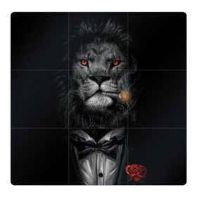 Магнитный плакат 3Х3 с принтом Лев в смокинге в Курске, Полимерный материал с магнитным слоем | 9 деталей размером 9*9 см | Тематика изображения на принте: бабочка | грива | грозный | лев | роза | серьезный | хищник | царь | церь зверей