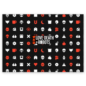 Поздравительная открытка с принтом Love, Death & Robots в Курске, 100% бумага | плотность бумаги 280 г/м2, матовая, на обратной стороне линовка и место для марки
 | cartoon | death | fantasy | heavy | horror | metal | miller | netflix | robots | tim | witness | любовь | миллер | мультфильм | робот | роботы | тим | ужасы | фэнтези