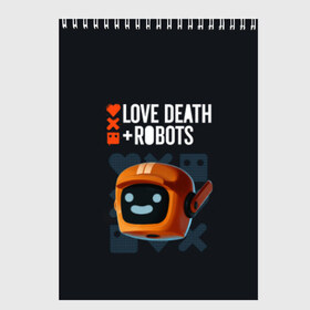 Скетчбук с принтом Love Death & Robots в Курске, 100% бумага
 | 48 листов, плотность листов — 100 г/м2, плотность картонной обложки — 250 г/м2. Листы скреплены сверху удобной пружинной спиралью | Тематика изображения на принте: cartoon | death | fantasy | heavy | horror | metal | miller | netflix | robots | tim | witness | любовь | миллер | мультфильм | робот | роботы | тим | ужасы | фэнтези