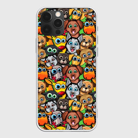 Чехол для iPhone 12 Pro с принтом Веселые собачки в Курске, силикон | область печати: задняя сторона чехла, без боковых панелей | Тематика изображения на принте: бульдог | голубые глаза | доберман | животные | жирафы | котики | милые | олени | разноцветные | собаки | хаски | яркие