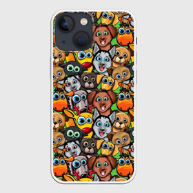 Чехол для iPhone 13 mini с принтом Веселые собачки в Курске,  |  | бульдог | голубые глаза | доберман | животные | жирафы | котики | милые | олени | разноцветные | собаки | хаски | яркие