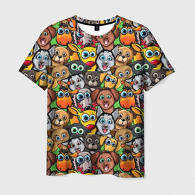 Мужская футболка 3D с принтом Веселые собачки в Курске, 100% полиэфир | прямой крой, круглый вырез горловины, длина до линии бедер | Тематика изображения на принте: бульдог | голубые глаза | доберман | животные | жирафы | котики | милые | олени | разноцветные | собаки | хаски | яркие
