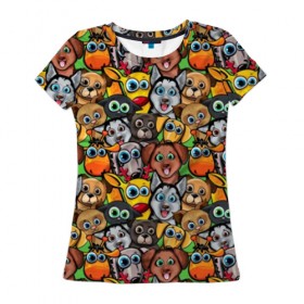 Женская футболка 3D с принтом Веселые собачки в Курске, 100% полиэфир ( синтетическое хлопкоподобное полотно) | прямой крой, круглый вырез горловины, длина до линии бедер | бульдог | голубые глаза | доберман | животные | жирафы | котики | милые | олени | разноцветные | собаки | хаски | яркие