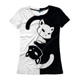 Женская футболка 3D с принтом Yin-yang Cats в Курске, 100% полиэфир ( синтетическое хлопкоподобное полотно) | прямой крой, круглый вырез горловины, длина до линии бедер | 
