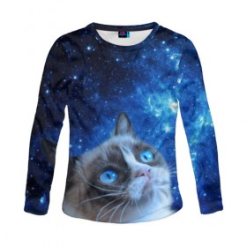 Женский лонгслив 3D с принтом Сердитый кот в космосе в Курске, 100% полиэстер | длинные рукава, круглый вырез горловины, полуприлегающий силуэт | grumpy cat | космос | кот | кот в космосе | кот мем | кошка | кошка мем | мем кот | сердитый кот | синий кот