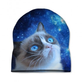 Шапка 3D с принтом Сердитый кот в космосе в Курске, 100% полиэстер | универсальный размер, печать по всей поверхности изделия | grumpy cat | космос | кот | кот в космосе | кот мем | кошка | кошка мем | мем кот | сердитый кот | синий кот