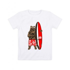 Детская футболка хлопок с принтом Медведь Серфер в Курске, 100% хлопок | круглый вырез горловины, полуприлегающий силуэт, длина до линии бедер | bear | surf | surfing | летние | лето | медведи | медведь | серфер | серфинг