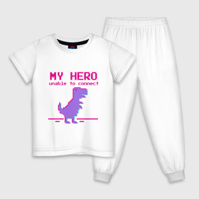 Детская пижама хлопок с принтом Pixel Hero в Курске, 100% хлопок |  брюки и футболка прямого кроя, без карманов, на брюках мягкая резинка на поясе и по низу штанин
 | Тематика изображения на принте: 8 bit | pixel | pixelart | t rex | пиксель | пиксельарт | рекс | тираннозавр