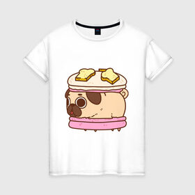 Женская футболка хлопок с принтом Мопс Пироженко в Курске, 100% хлопок | прямой крой, круглый вырез горловины, длина до линии бедер, слегка спущенное плечо | fastfood | junkfood | pug | еда | макарун | мопс | пирожное | пончик | сладость | собака | фастфуд