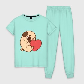 Женская пижама хлопок с принтом Мопс и Сердечко в Курске, 100% хлопок | брюки и футболка прямого кроя, без карманов, на брюках мягкая резинка на поясе и по низу штанин | pug | любовь | мопс | сердце | собака
