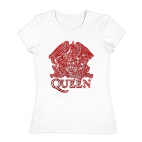 Женская футболка хлопок с принтом Queen в Курске, 100% хлопок | прямой крой, круглый вырез горловины, длина до линии бедер, слегка спущенное плечо | queen | богемская рапсодия | брайан мэи | британская | группа | королева | роджер тейлор | рок | фредди меркьюри