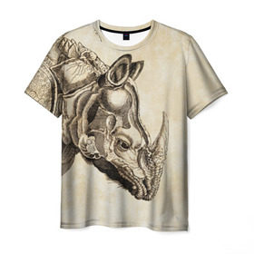Мужская футболка 3D с принтом Носорог (гравюра Дюрера) в Курске, 100% полиэфир | прямой крой, круглый вырез горловины, длина до линии бедер | rhinoceros | гравюра | индия | латы | млекопитающий | непарнокопытный | рог | холст | чешуя