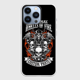 Чехол для iPhone 13 Pro с принтом Whells of fire в Курске,  |  | biker | death | emblem | fire | flame | hel | knife | logo | motorcycle | retro | sign | skeleton | skull | slogan | vintage | байкер | винтаж | девиз | детали | знак | каска | логотип | лозунг | мотоцикл | мотоциклист | надпись | нестандартные | нож | ог