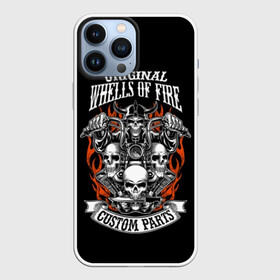 Чехол для iPhone 13 Pro Max с принтом Whells of fire в Курске,  |  | biker | death | emblem | fire | flame | hel | knife | logo | motorcycle | retro | sign | skeleton | skull | slogan | vintage | байкер | винтаж | девиз | детали | знак | каска | логотип | лозунг | мотоцикл | мотоциклист | надпись | нестандартные | нож | ог