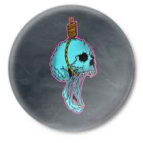 Значок с принтом повешенный череп в Курске,  металл | круглая форма, металлическая застежка в виде булавки | horror | веревка | зубы | повешенный | скелет | удавка | удушение | ужасы | челюсть | череп